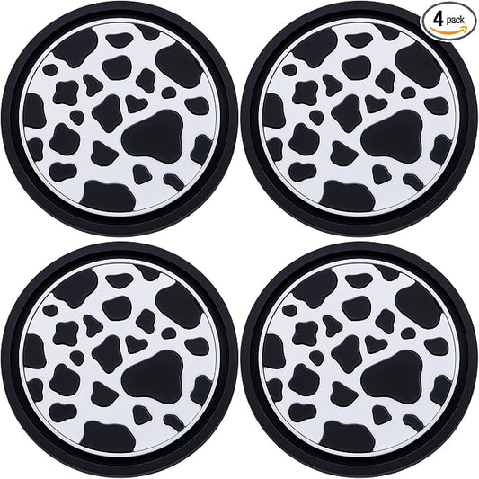 4-Pack Car Cup Coasters – 2.75 Inch Anti-Slip Drink Mats, Universal Auto Holder Insert for Women, Girls, Vehicle Interior Accessories (Cow Print)