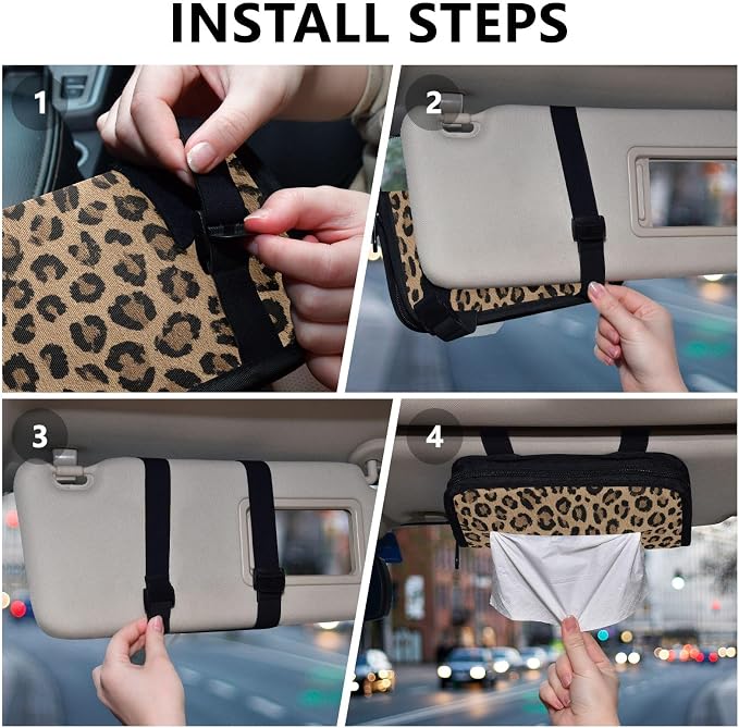 Car Tissue Holder Car Napkin Holder Box Dispenser Storage Case Sun Visor Mask Holder with Adjustable Straps Reusable Refillable Brown Leopard Print