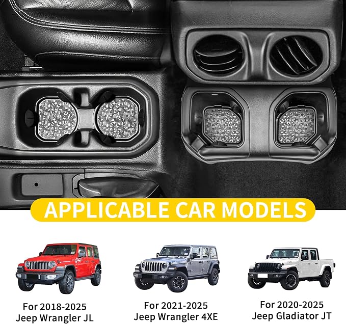 Cup Holder Inserts Coaster Compatible with Jeep Wrangler JL Gladiator JT 2018-2026 Accessories, Center Console Cupholder Pad, Non-Slip Drink Liner, Original Design, TPE, 4-Pcs Front Rear