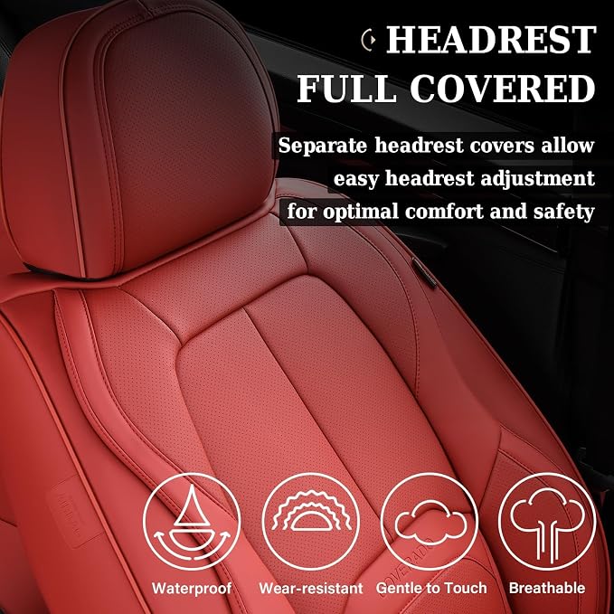 Coverado Car Seat Covers Full Set, Premium Nappa Leather Seat Covers for Car, Waterproof Car Seat Protector with Lumbar Support, Automotive Seat Covers Universal Fit for Most Cars SUV Truck, (Red)