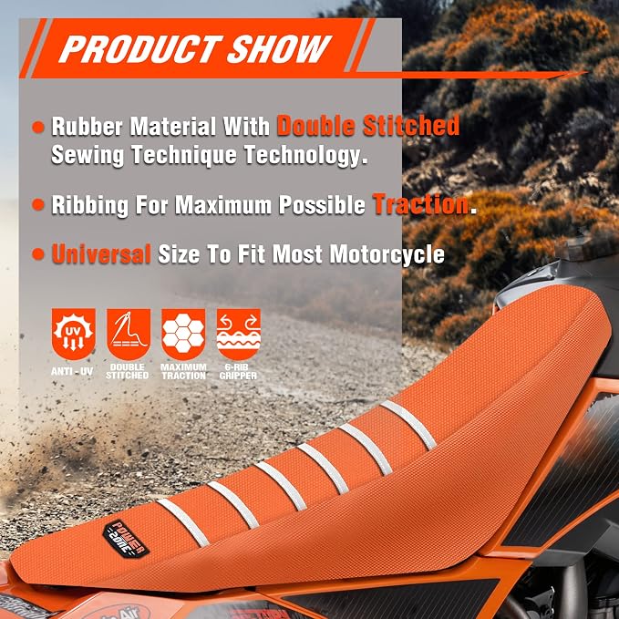 Dirt Bike Seat Cover - White Stripe Universial Seat Cover for Dirt Bike - Motorcycle Motorcross Enduro Seat Covers (Orange)