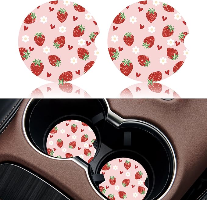 2 Pack Strawberry Car Coasters for Women Car Cup Holder Coasters, 2.63 Inch Anti Slip Ceramic Absorbent Coaster with Cork Base and Finger Notch, Cute Car Accessories Interior