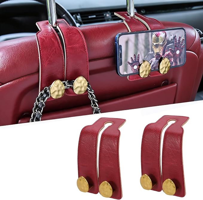 Leather Car Purse Hook for Headrest, 2 Pack (Red-Gold) | Twin Hooks Headrest Hangers, 2/4 Pack, No-Slip, Scratch-Proof, Holds Purses, Backpacks, Grocery Bags, Car Organizer Gift
