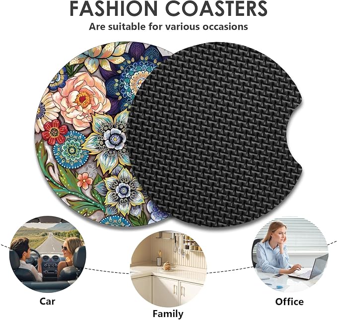 2 Pack Car Coasters，2.75-inch Neoprene Non-Slip Cup Holder Coasters for Car，Cute Car Interior Accessories for Men and Women，Mandala