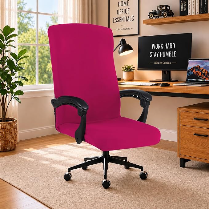 Stretch Computer Office Chair Cover with Durable Zipper - Universal Washable Removable Spandex Rotating Boss Chair Slipcovers - Anti-dust Soft Desk Chair Seat Protector for Dogs, Cats, Pets - Hot Pink