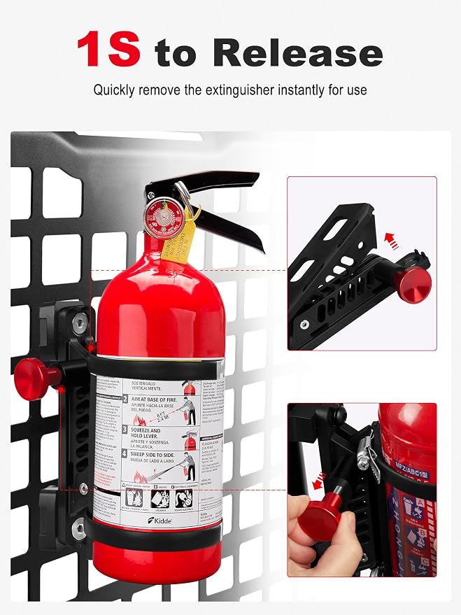 ZIDIYORUO MOLLE Panel Fire Extinguisher Mount Fits 1“-2" Panle Slot Holes | Quick Release Car Fire Extinguisher Bracket with Adjustable 4 Clamps for Vehicles Trucks Jeeps MOLLE Panle Accessories