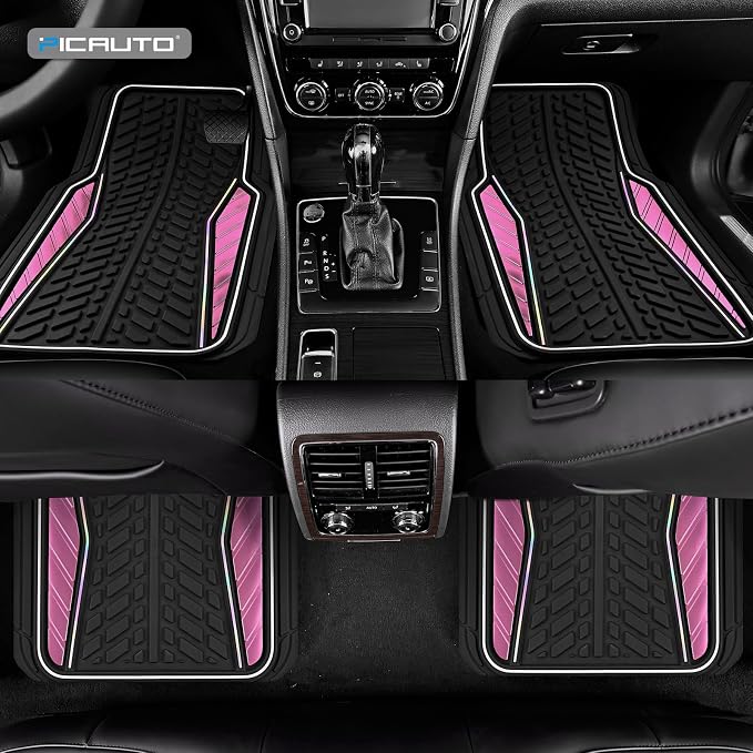 PIC AUTO Car Floor Mats, Pink Aluminum-Molded with Full-Circle Iridescent Inlay Strip Car Mats, Universal-Fit Rubber Mats for Cars, Trucks & SUVs, All-Weather, Non-Slip, Easy-to-Clean Interior Mats