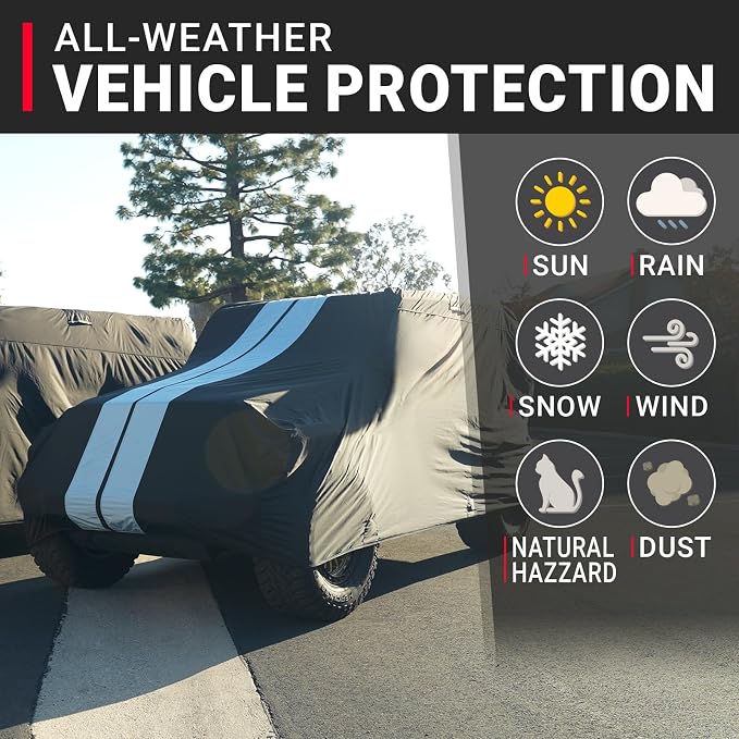 iCarCover Premium Heavy Duty SUV Car Cover - Waterproof All Weather Rain Snow UV Protection, CJ-5, Wrangler, FJ40, Tracker 2-Door, Sidekick 2-Door, Size S56 (See Size Chart), Stripe - Black/Gray