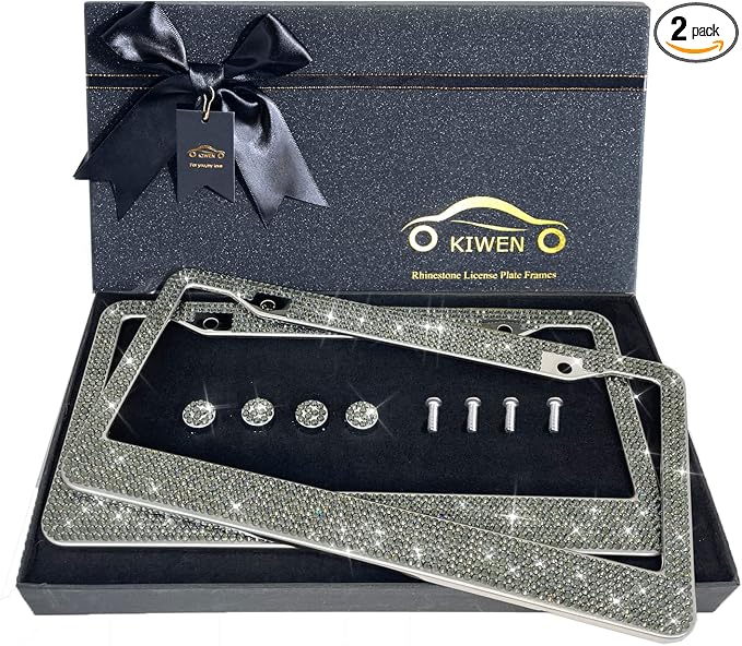 Bling License Plate Frames with High End Ribbon Gift Box,2 Pack Rhinestone License Plate Frame,Handcrafted Crystal Premium Stainless Steel Bling License Plate Frame for Women,Party,Birthday,Xmas Gift