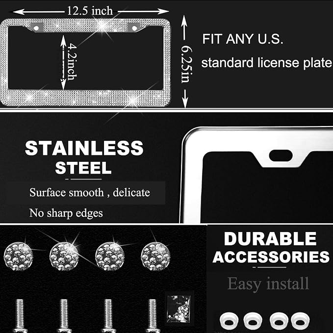 Bling License Plate Frames with High End Ribbon Gift Box,2 Pack Rhinestone License Plate Frame,Handcrafted Crystal Premium Stainless Steel Bling License Plate Frame for Women,Birthday