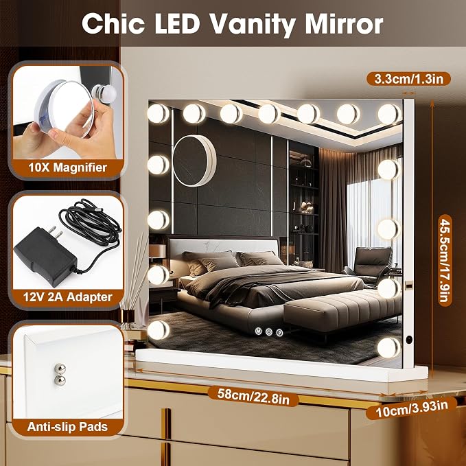 Vanity Mirror with Lights, Bluetooth, 10X Magnifier, 23 x 18 in | 15 LED bulbs, 3 color modes, desk or wall mount, USB charging port