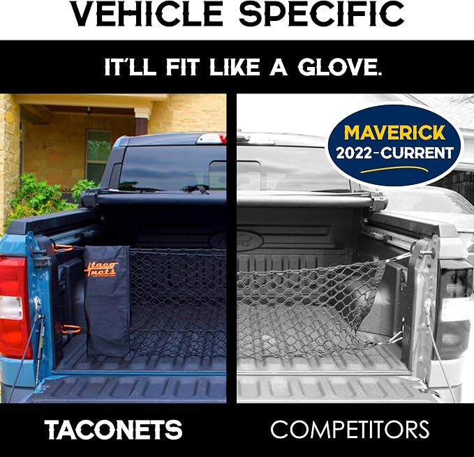 TacoNets Envelope Cargo Net for Ford Maverick - Fits 2022-Current - Upgraded 5mm Bungee - Integrated Storage Bag - Heavy Duty Carabiners - Designed in USA
