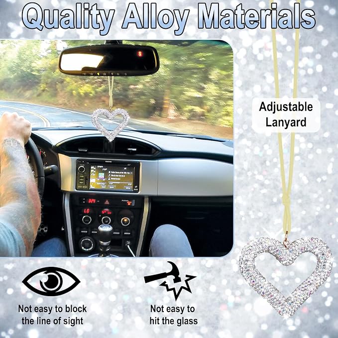Bling Heart Car Hanging Accessories, Car Accessories for Women, Bling Rear View Mirror, Universal Bling Heart Diamond Car Accessories for Cars, Trucks, SUVs (Silver)