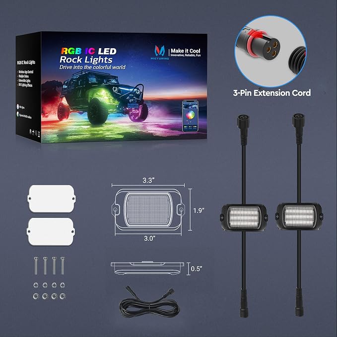 MICTUNING Q1 MAX RGB+IC 2 Pods Replacement Led Rock Lights (No Controller) | Brighter 24 Light Chips Per Pod, Aluminum Housing, IP68 Waterproof, Dual-Path Wiring Options, Up to 24 Pods, 2-Year Warranty