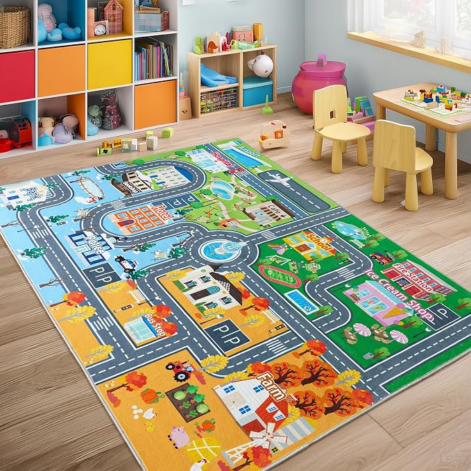 Car Rug for Kids Toy Cars, Town City Track Road Carpet Playmat with Non-Silp Backing, Traffic Playmat for Road Washable Rugs Four Seasons Theme Traffic Mat for Kids Room Bedroom Game Safe Area, 3'x4'