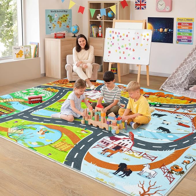 Car Rug Play Mat for Kids Toy Cars, 8' x 10' Town Country Barn Track Four Seasons Farm Theme Traffic Carpet, Non-Slip Washable Area Rug for Kids Room Bedroom Play Area, Fun Learning Rugs for Children