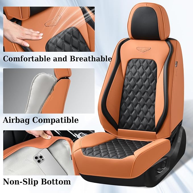 Coverado Car Seat Covers Front Seats, Vintage-Style Soft Waterproof Faux Leather Full Set with Rear Protectors, Comfortable Anti-Stain Interior for Most Vehicles – BrownBlack