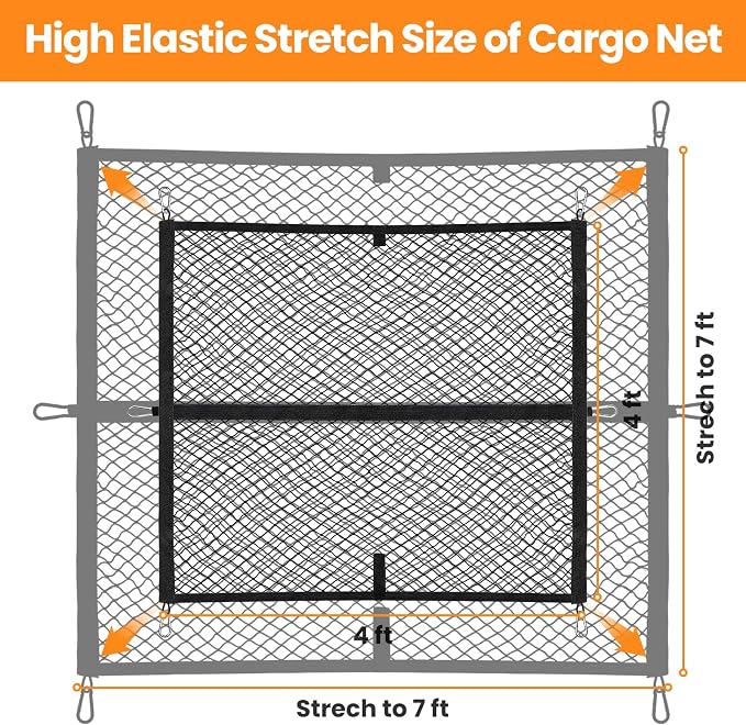 Double-Layer Truck Bed Organizer Net Elastic Cargo Mesh for Pickup Bed | Stretchable Mesh from 4x4 FT up to 7x7 FT | 8 Heavy-Duty Carabiners | 6 Rings Included | Anti-Slip | Easy Install