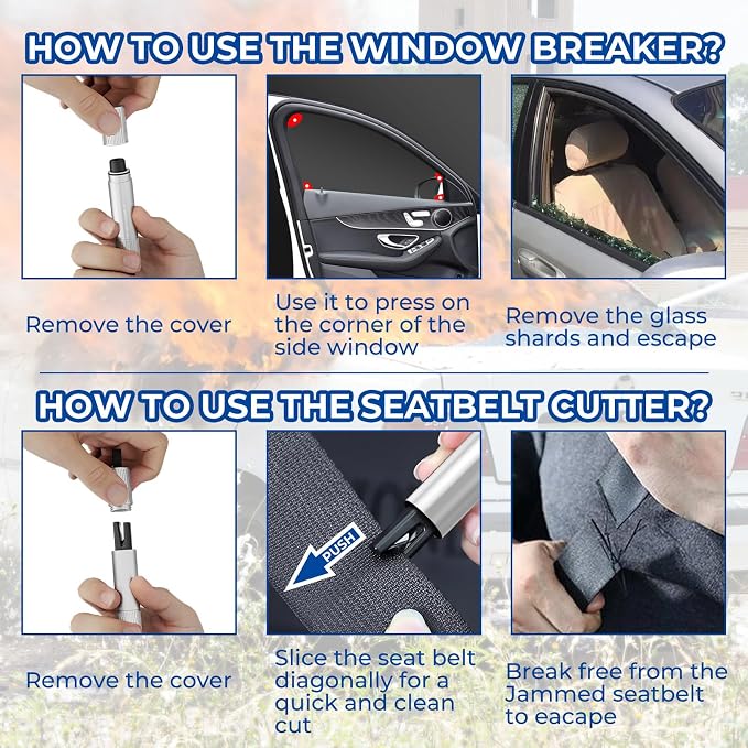 2 Pack Car Safety Hammer Car Window Breaker Seatbelt Cutter Emergency Escape Tool Car Glass Breaker for Land and Underwater Life-Saving Car Safety Kit Essentials Car Accessories (Black+Silver)