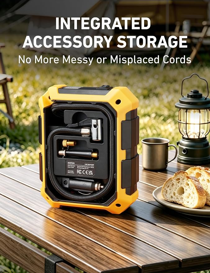 AstroAI Tire Inflator Portable Air Compressor 12V DC 100PSI, Integrated Storage, Digital Gauge, Auto Shut-Off Fast Inflation LED Light, Air Pump for Car Tires Bike Motorcycle Other Inflatables, Yellow