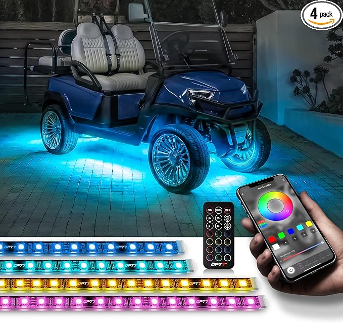 OPT7 12V Aura Golf Cart Underglow LED Light Strips with App & Remote Control, 4PC RGB Multi-Color Music Sync Decor Accessories, Waterproof Exterior Neon Accent Lighting Kit for EZGO Yamaha Club Car