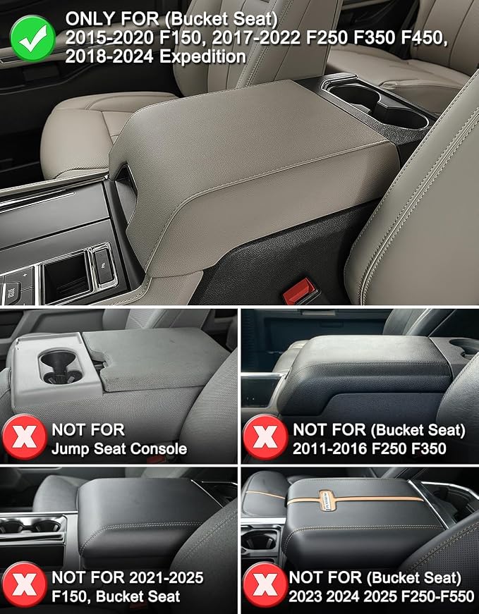 KBH Center Console Armrest Cover for 2015-2020 Ford F150, 2017-2022 F250-F550, 2018-2024 Expedition, Bucket Seat, PU Leather Cushion Pad, Anti-Scratch, Stone Gray (Not for Other Years)