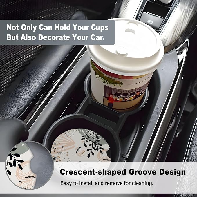2 Pack Car Coasters for Cup Holders, 2.56" Universal Absorbent Ceramic Stone Car Cup Holder Coasters with Non-Slip Cork Base, Car Interior Accessories for Women Men(Boho Leaf)