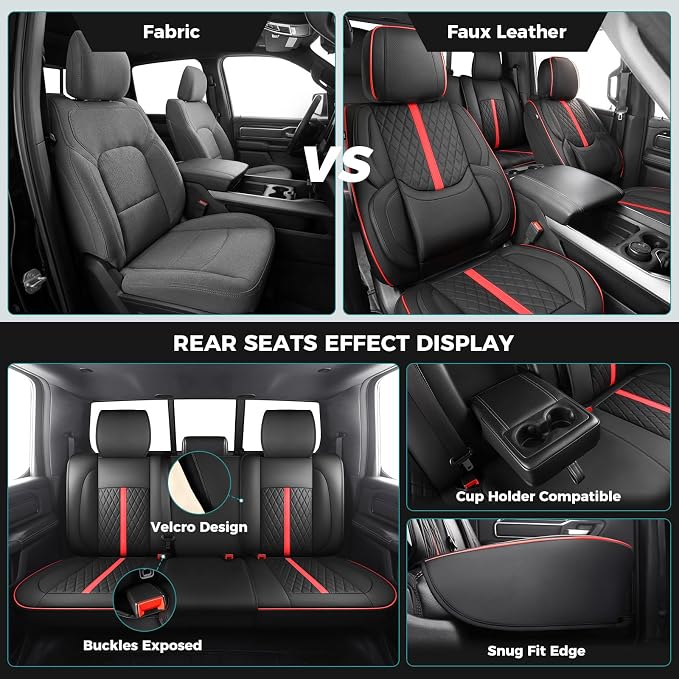 Seat Covers for 2019-2026 Dodge Ram 1500/2500/3500, Flat Bench | lumbar padded, premium waterproof leather, full coverage, anti-slip, storage pockets, long-term durability, airbag compatible