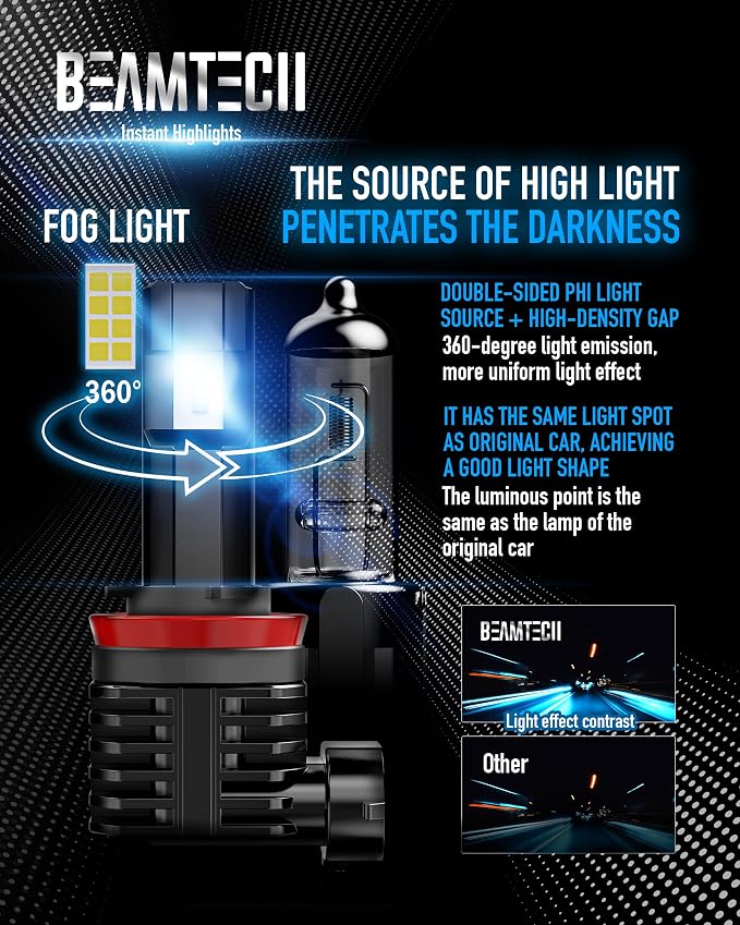 BEAMTECH 9005 H11 Bulbs, Fanless In Line HB3 H8 H9 Fog Light, Pack of 4 | 1 Pair 9005+1 Pair H11, Windless, Directly Insert, 1:1 Size, 50,000hrs+ Lifespan