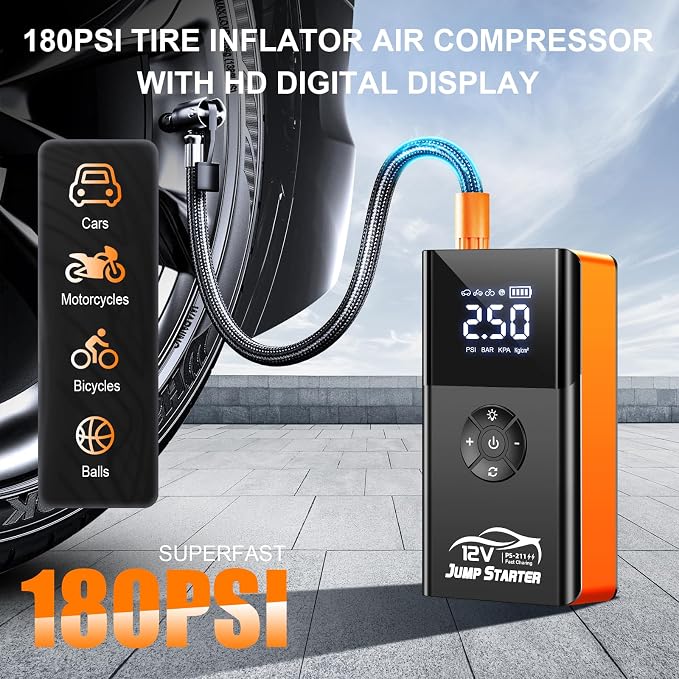 Jump Starter with Air Compressor, 8000A 180PSI, Portable Car Battery Jump Starter (All Gas/12L Diesel) 12V Automobile Jump Box Pack Chargers with Jumper Cables, 4-Mode LED Lights