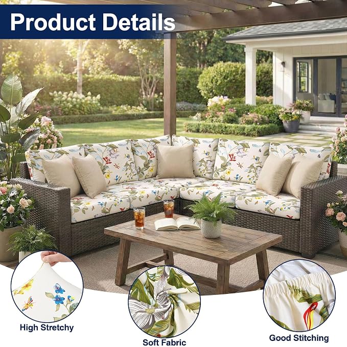 Smiry Waterproof Patio Cushion Covers, Stretch Outdoor Furniture Covers | Couch Slipcovers Replacement, Washable Furniture Protector, UV-resistant Sofa Chair Seat Cover for Outdoor and Indoor, 4 Pcs