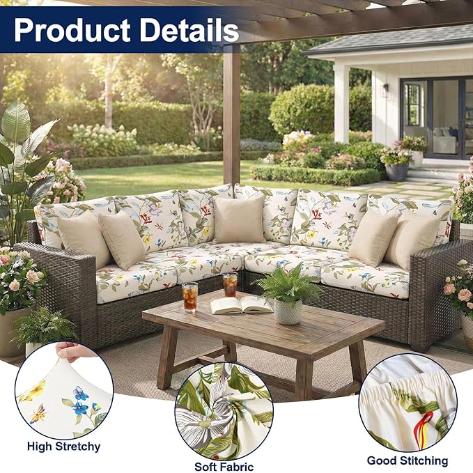 Smiry 12 Pcs Waterproof Patio Cushion Covers, Stretch Outdoor Furniture Covers