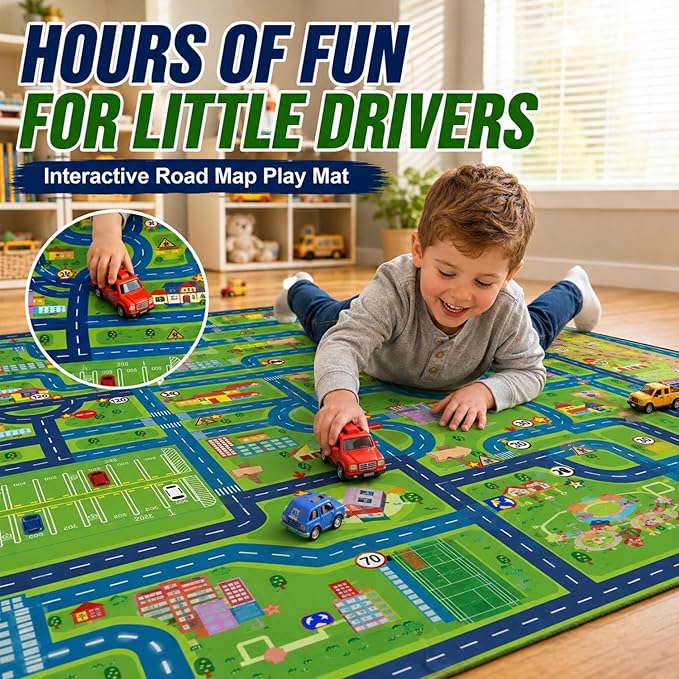 yongjoy Car Rug Road Map Area Rug, 110" x 78.7" Non-Slip Floor Mat | Road Map Pattern, Colorful Car-Themed Design, Soft Low-Pile Surface, Non-Slip Backing