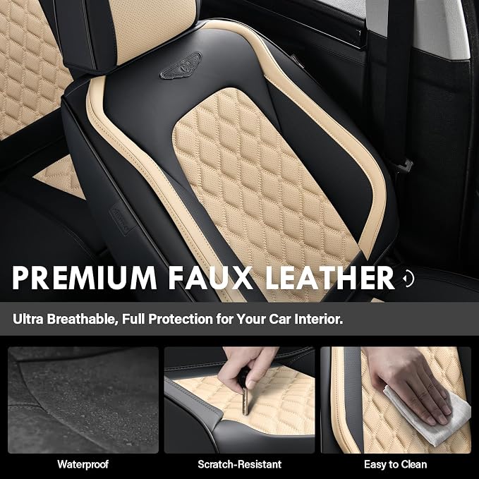 Coverado Universal Car Seat Covers Full Set, Durable Waterproof Faux Leather Front & Rear Seat Protectors, Classic Easy-Clean Interior for Most Vehicles – BlackBeige