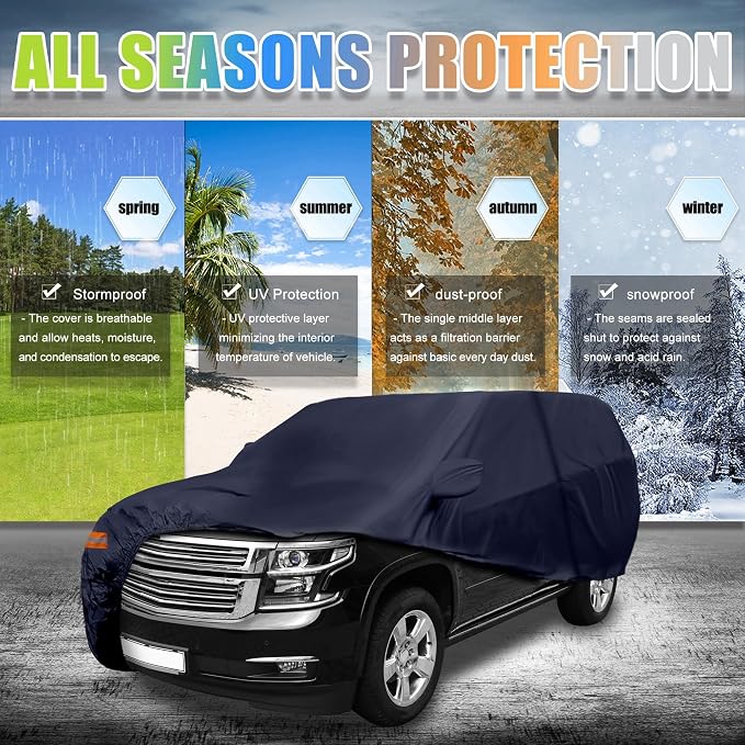 X AUTOHAUX SUV Car Cover for Chevrolet Tahoe 4 Door 2007-2024 Outdoor Waterproof Sun Rain Dust Wind Snow Protection 190T PU W/Driver Door Zipper Navy Blue