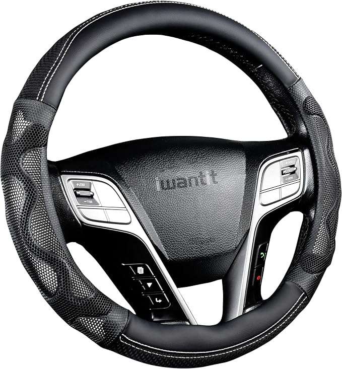Iwantit® Steering Wheel Cover with 3D Honeycomb Anti-Slip Design and Breathable Fabrics, Universal 14.5-15 Inch (White/Black)