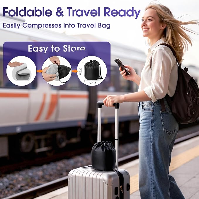 CloudBliss Travel Pillow for Plane, Memory Foam Neck Pillow for Traveling, Airplane Pillow with Eye Mask, Earplugs, Storage Bag, Compact Neck Pillow for Long Flight Sleep, Travel Essentials Light Grey