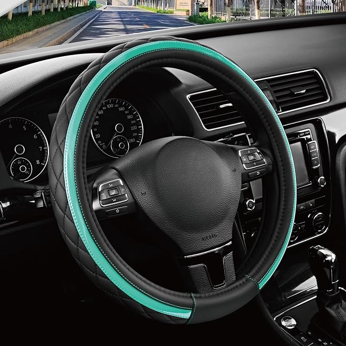 Road Comforts Leather Steering Wheel Cover – Black & Green Universal Fit 14.5-15 Inch, Microfiber Leather, Anti-Slip & Breathable Design for Men and Women