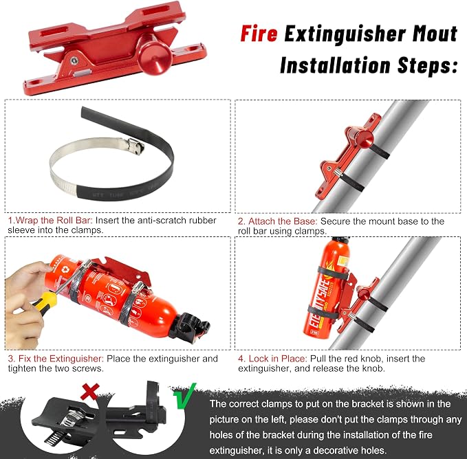 Aluminum Quick Release Fire Extinguisher Mount for 1-10LB Extinguisher | Fit Most Vehicle, Adjustable Roll Bar Holder Compatible with Jeep Wrangler TJ/JK/JL/JKU, Polaris RZR, Ranger, Can-Am X3, Red
