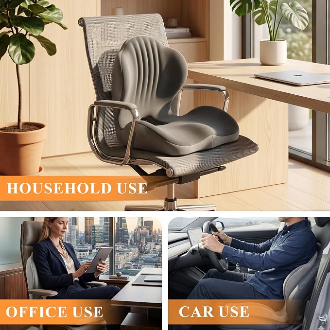 Ergonomic Seat Cushion with Back Support, L-Shaped Memory Foam Seat Cushion with Coccyx Cutout and Non-Slip Base for Office Chair, Car, Truck and Gaming Chair, Black/Gray