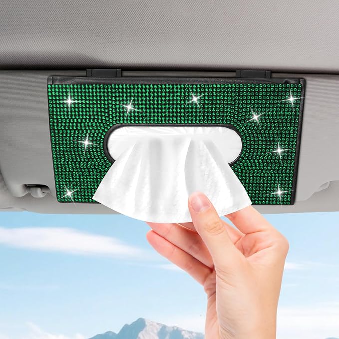 Bling Car Tissue Holder for Sun Visor, Crystal Rhinestone Visor Tissue Box, Leather Vehicle Paper Towel Case, Sparkling Auto Napkin Holder for Women, Car Accessories Decoration (Green)