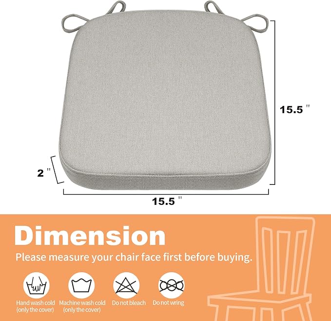 SINOSSO Memory Foam Chair Cushions for Folding Chairs 6 Pack, Thickened 2" Square Pads with Ties for Kitchen Chairs, Indoor Non-Slip Dining Chair Seat Cushions (Set of 6, Light Grey)