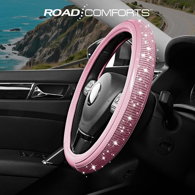 Road Comforts Bling Steering Wheel Cover – Pink Diamond Design, Universal Fit 14.5-15 Inch, Microfiber Leather, Anti-Slip & Breathable Design for Men and Women
