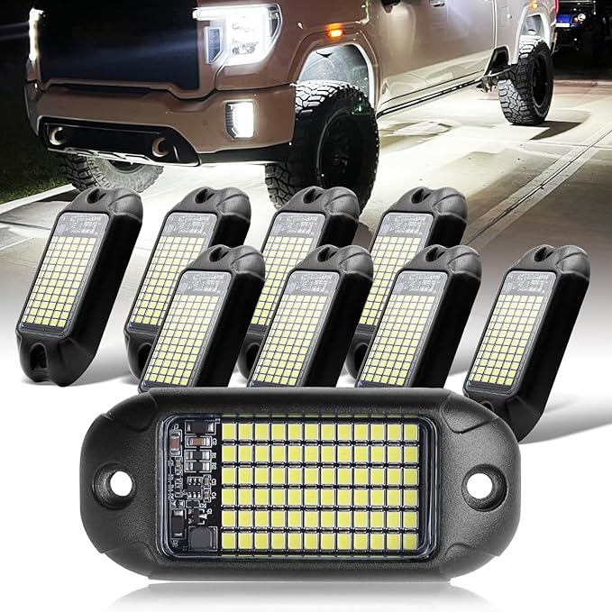 Nicoko 8 Pods 6000K pure White Rock lights Aluminum 9-30V Underglow Lights IP68 Waterproof Neon Trail Rig Lamp Lighting for SUV Car Truck Motorcycle Boat ATV UTV