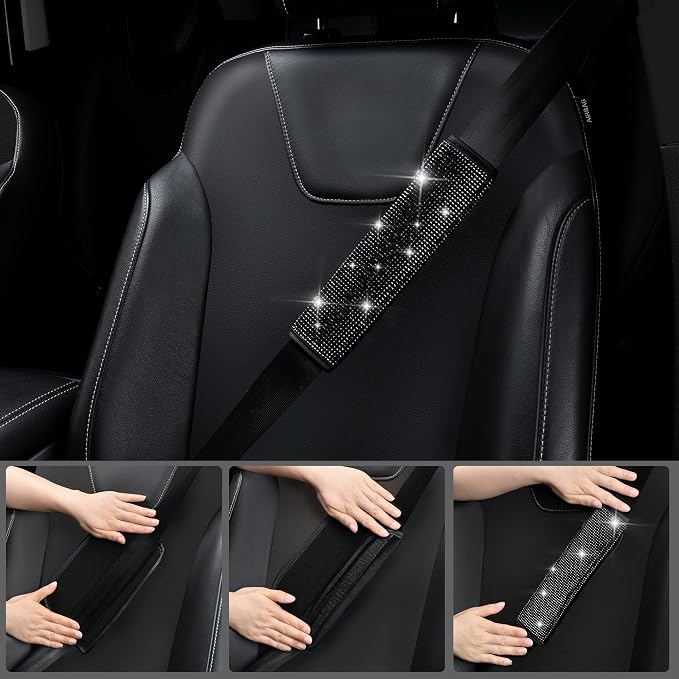 CAR PASS 11 PCS Bling Diamond Car Accessories for Women, Sparkly Rhinestone Steering Wheel Cover, Bling Seat Belt Cushion, Glitter Shift Knob Cover, Car Cup Holder Coaster, Cute Interior Sets Black