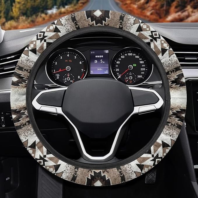 Wanyint Southwestern Aztec Brown Auto Steering Wheel Cover Universal 15 Inch Diameter Anti-Slip Neoprene Car Steering Wheel Protector for Women Men