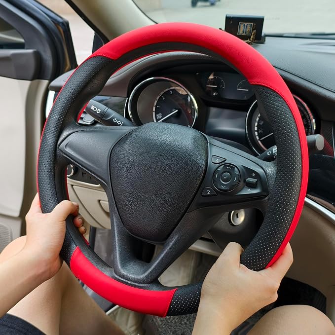Breathable Perforated Leather Steering Wheel Cover, Universal 15-inch car Steering Wheel Grip, Soft and Comfortable, Breathable and Non-Slip, Suitable for sedans, Vans, SUVs (Red)