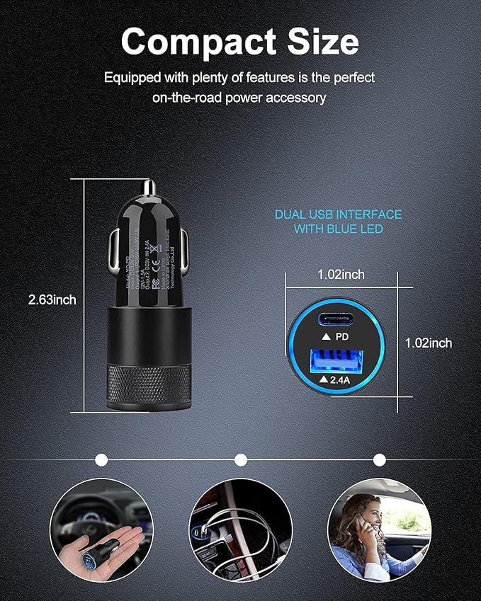 AILKIN 30W PD USB C Car Charger, USB Type C Fast Power Charging Block | Dual Port USB A & USBC Plug Cargador Carro Lighter Adapter for iPhone, iPad, Samsung Galaxy, Google Pixel, Moto, USB-C Port
