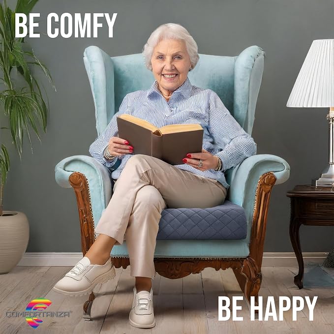 Medium-Soft 20x20x4 Memory Foam Recliner Chair Seat Cushion for Long Sitting - Armchair Pad with Washable Velvety Cover with Waterproof Layer & Non-Slip Base for Seniors & Elderly - Gray
