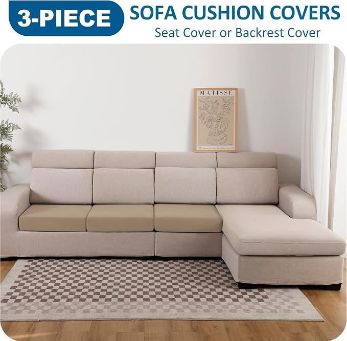 100% Waterproof Couch Cushion Covers, Replacement Sofa Cushion Covers, Stretch Individual Sofa Seat Cushion Slipcovers Furniture Protector for Kids Pets (3-Piece Sofa Cushion Cover, Sand)